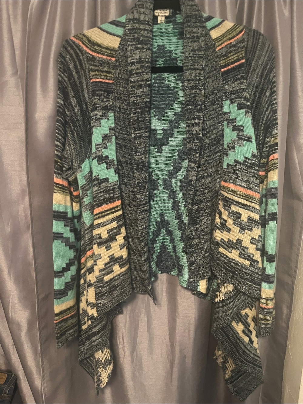 Eyeshadow Open-Front Aztec Cardigan in Mint, Charcoal, Cream, Coral